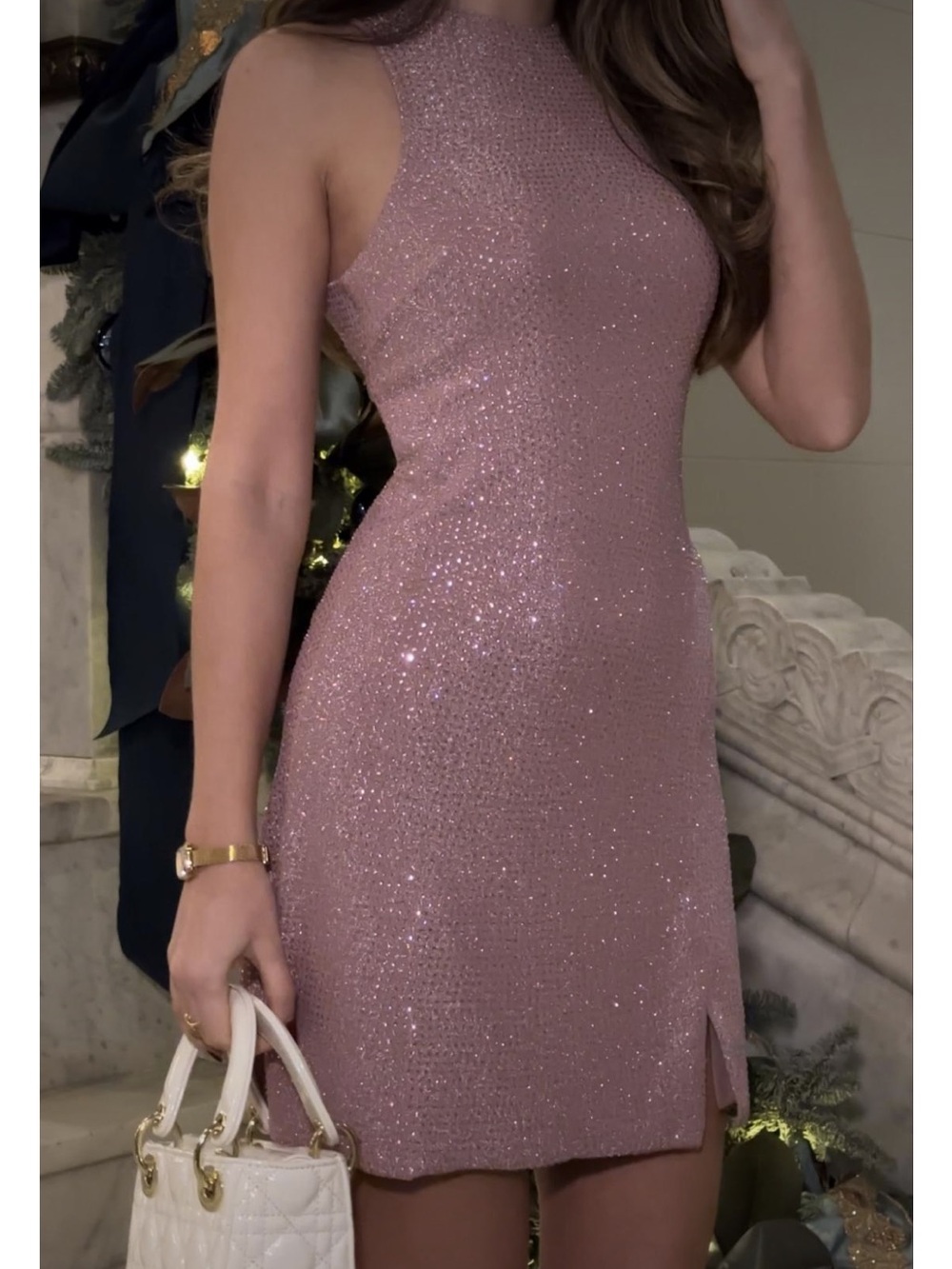 Oh Polly Dusty Rose Sleeveless Mini Dress with Sparkle
